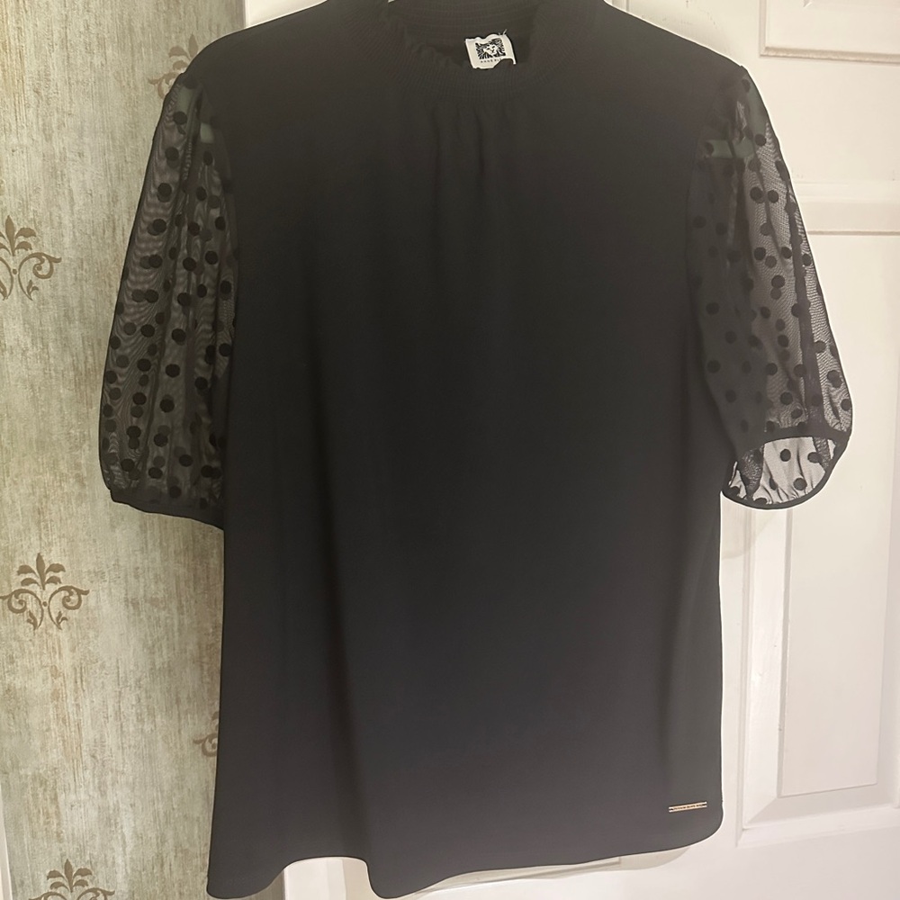 NWOT black dressy top with sheer polka dot sleeves.